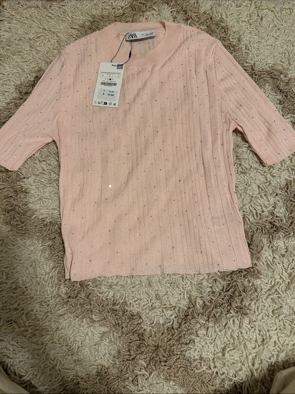 ZARA Pink Knit Short Sleeve Sweater with Sparkle